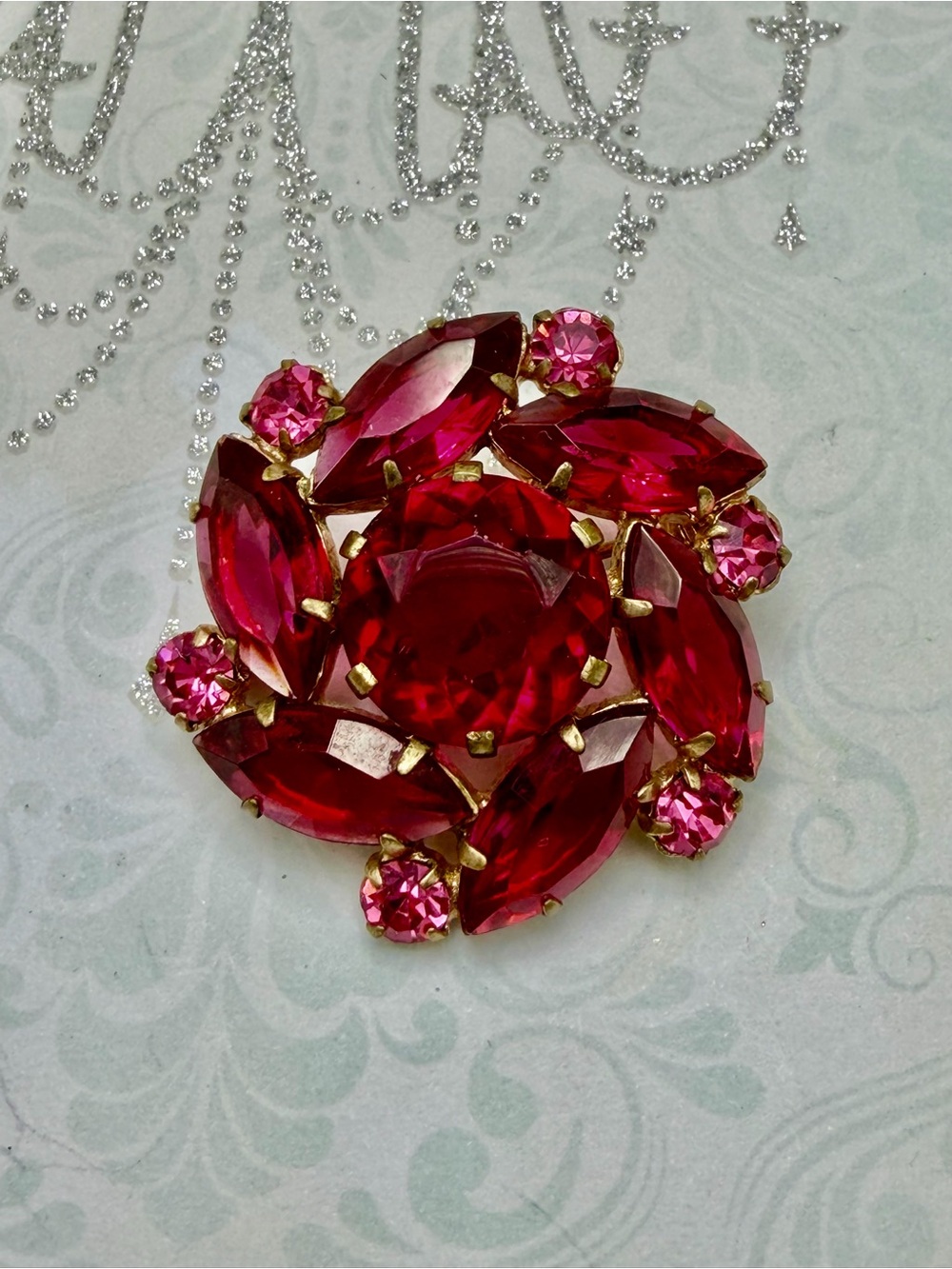 Vintage Pink and Red Crystal Brooch #cz720